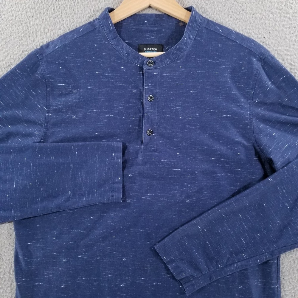 Bugatchi Shirt Large Blue Henley OohCotton Tech Band Mandarin Collar Performance